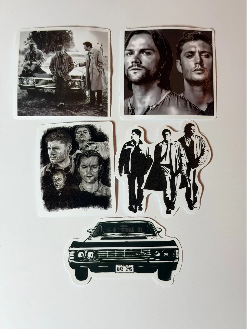 Waterproof Stickers. Black & White. 5 pack. Supernatural. Sam Dean Cas Baby